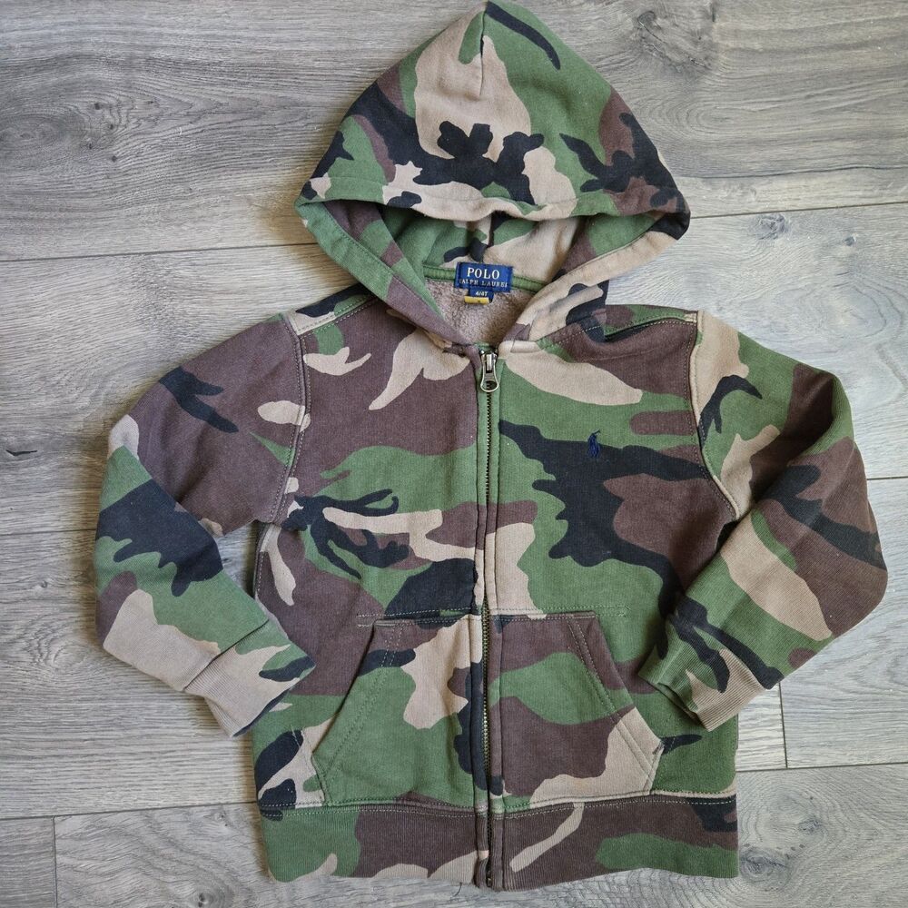 Polo Ralph Lauren Boys Camo Fleece Full Zip Hoodie Jacket Size 4 4T Green Brown